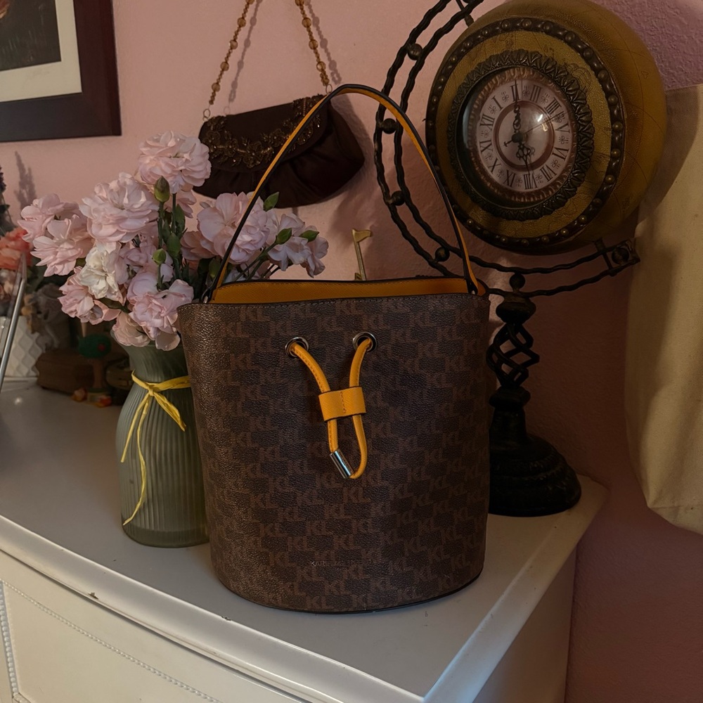Karl Lagerfeld Brown Bucket Bag with Yellow Drawstring BNWT